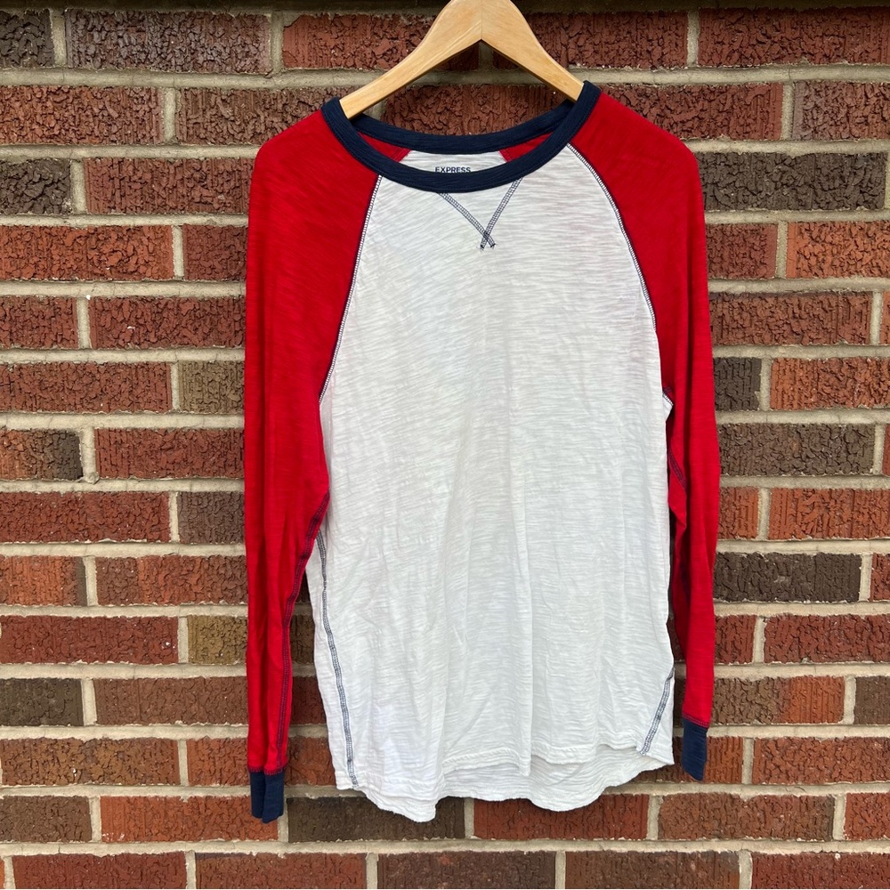 Express White Red and Navy Blue Long Sleeve Baseball Tee
